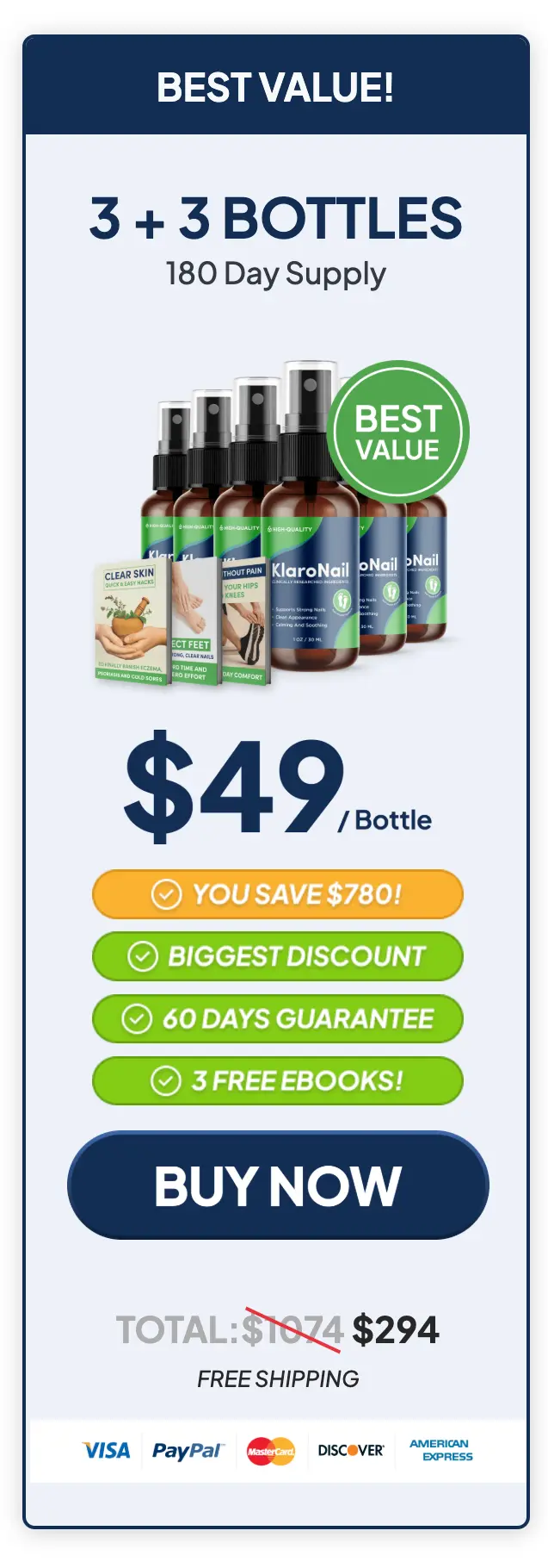 KlaroNail 6-bottle 180-day best-value package — $49 per bottle + free bonuses