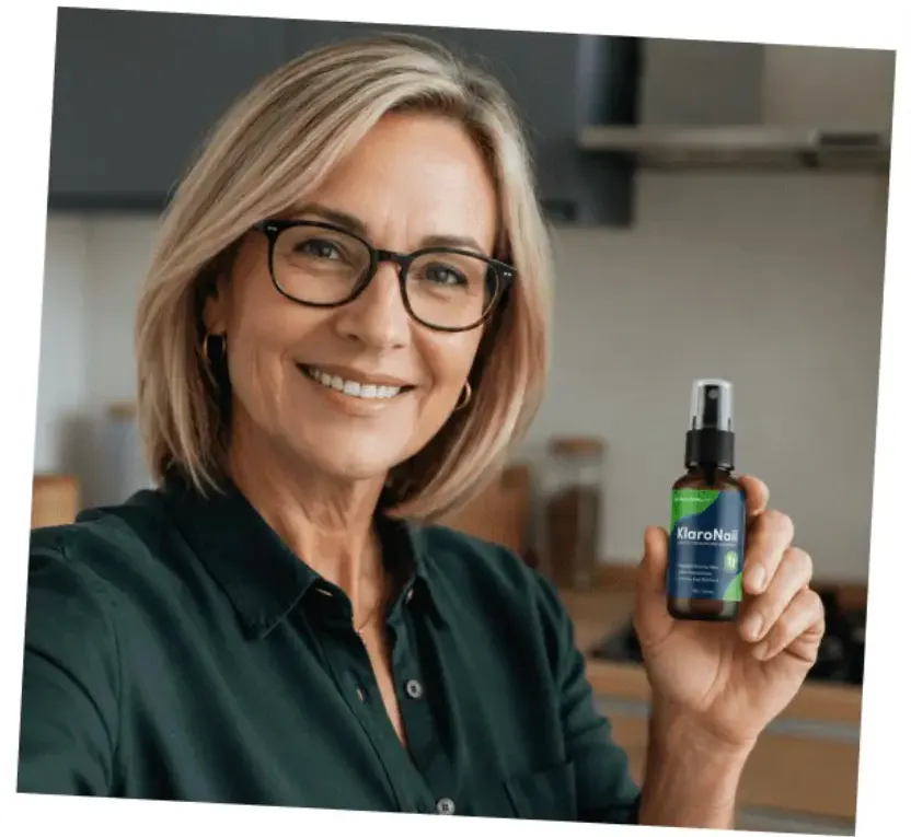 Happy KlaroNail customer holding the natural toenail spray bottle